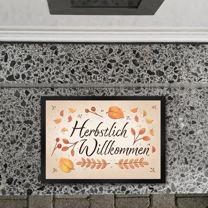 Herbstlich Willkommen Fußmatte mit bunten Blättern