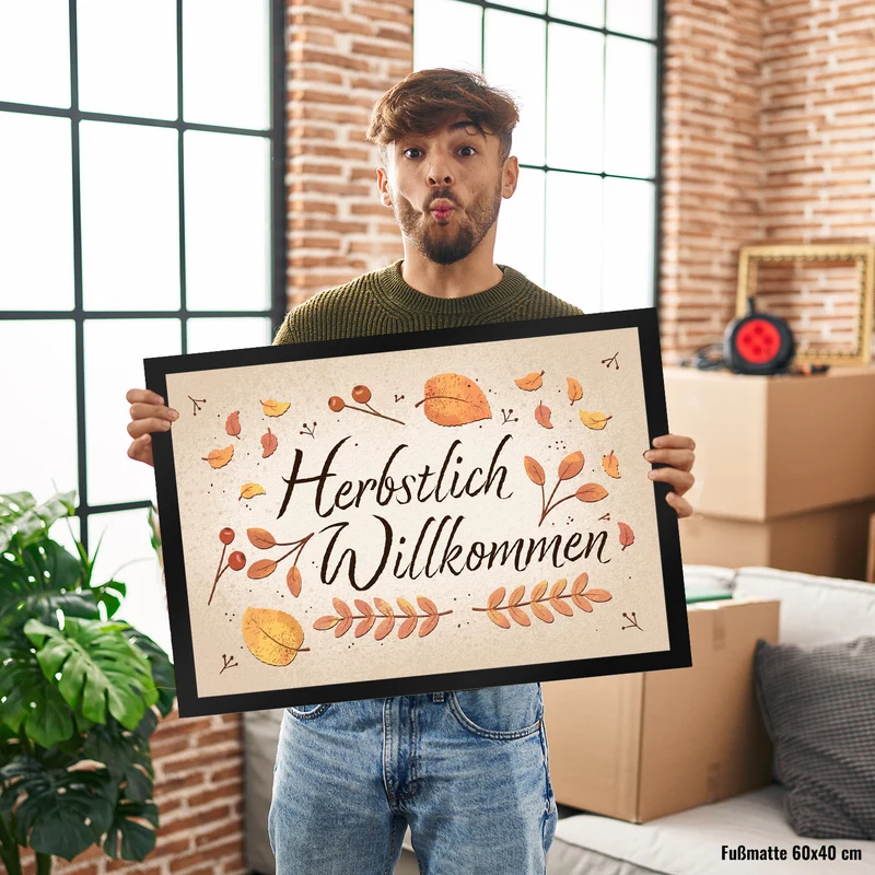 Herbstlich Willkommen Fußmatte mit bunten Blättern