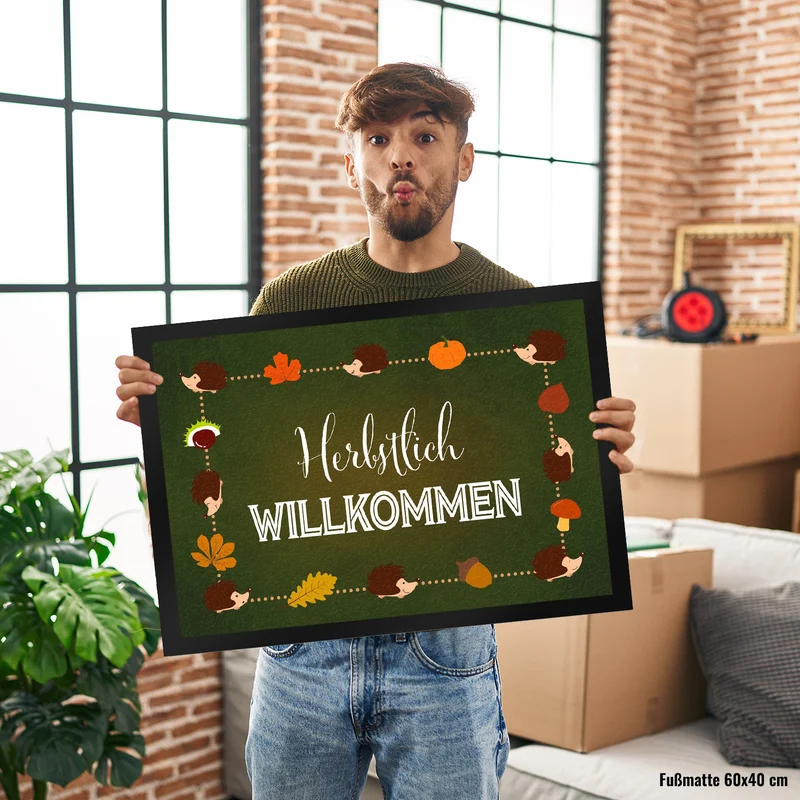 Herbstlich Willkommen Fußmatte mit süßen Igeln