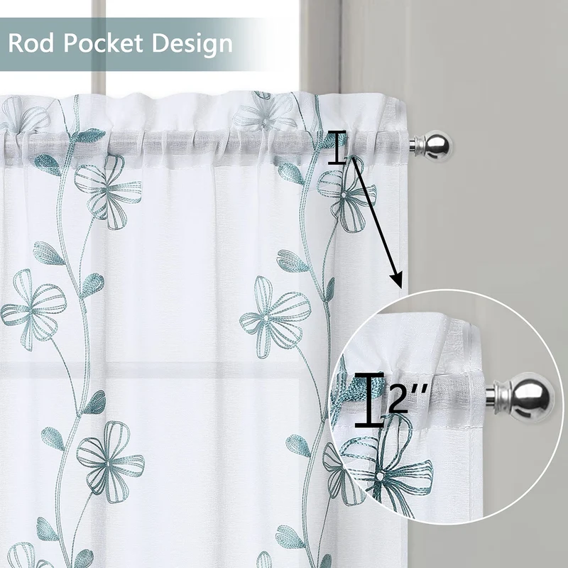 Tende trasparenti Garvee con ricamo per cucina e soggiorno, 26"x36", bianco turchese, poliestere