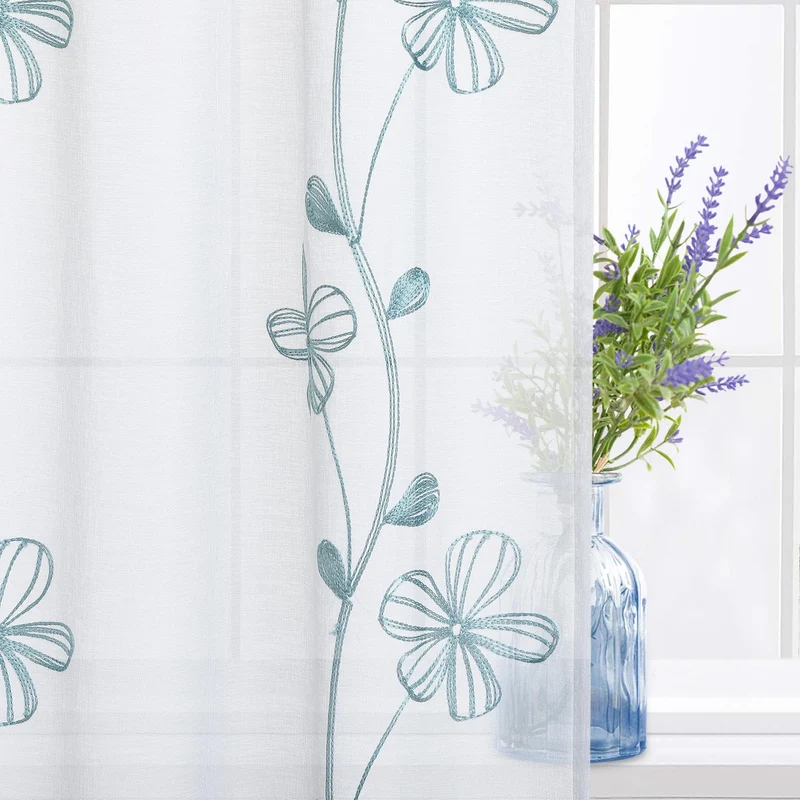 Tende trasparenti Garvee bianche con ricamo turchese per cucina e soggiorno, 2 pannelli, 26"x45", poliestere, motivo floreale