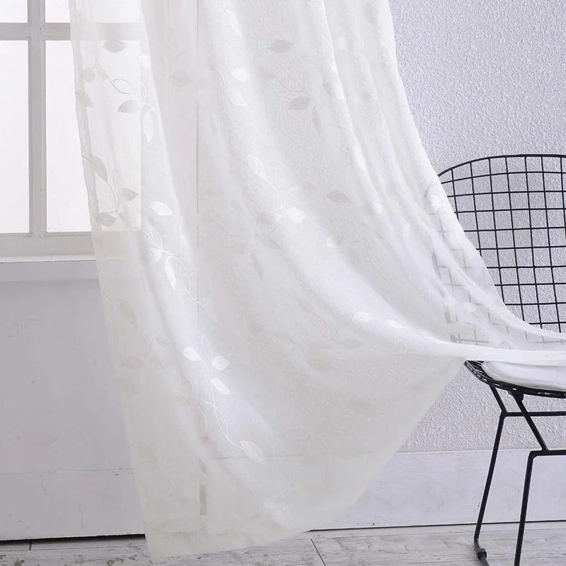 Tende trasparenti Garvee, set da 2 pannelli, bianche con ricamo a foglie, in lino sintetico, lunghe 63" con occhielli, in voile per soggiorno e camera da letto