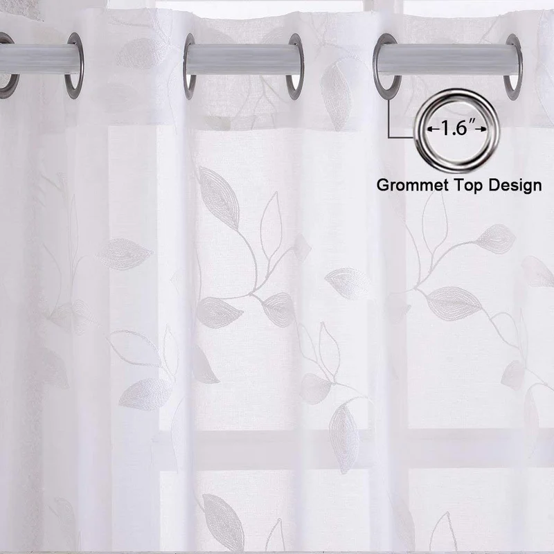Tende trasparenti Garvee, set da 2 pannelli, bianche con ricamo a foglie, in lino sintetico, lunghe 63" con occhielli, in voile per soggiorno e camera da letto