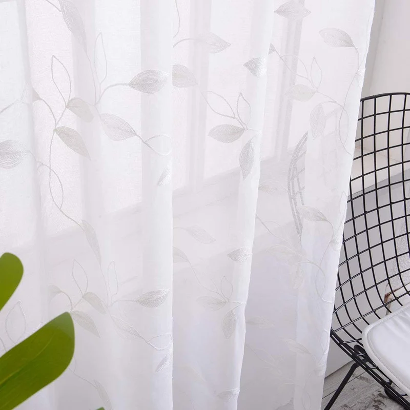 Tende trasparenti Garvee, set da 2 pannelli, bianche con ricamo a foglie, in lino sintetico, lunghe 63" con occhielli, in voile per soggiorno e camera da letto