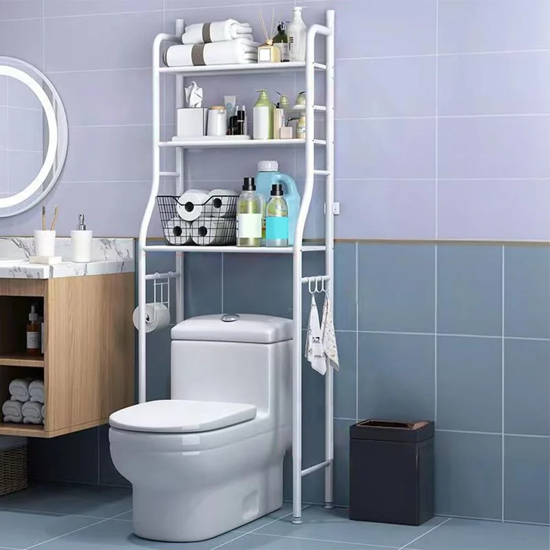 Mensola da bagno in metallo autoportante Garvee a 3 ripiani con ganci e porta carta igienica per bagno, WC, toilette, bianco, salvaspazio