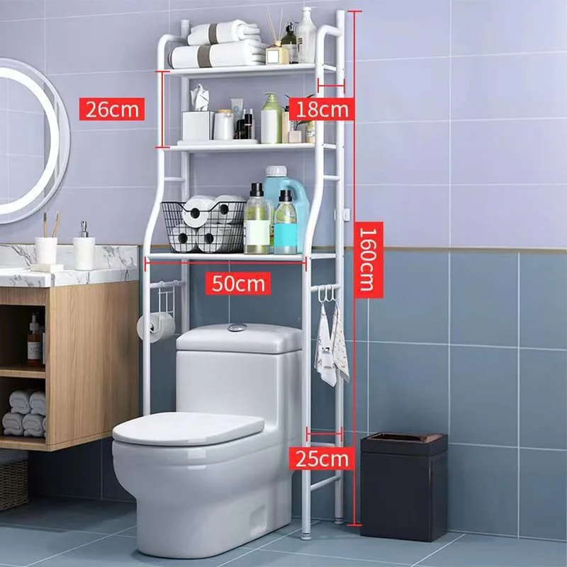 Mensola da bagno in metallo autoportante Garvee a 3 ripiani con ganci e porta carta igienica per bagno, WC, toilette, bianco, salvaspazio