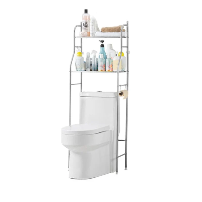 Mensola da bagno in metallo autoportante Garvee a 3 ripiani con ganci e porta carta igienica per bagno, WC, toilette, bianco, salvaspazio