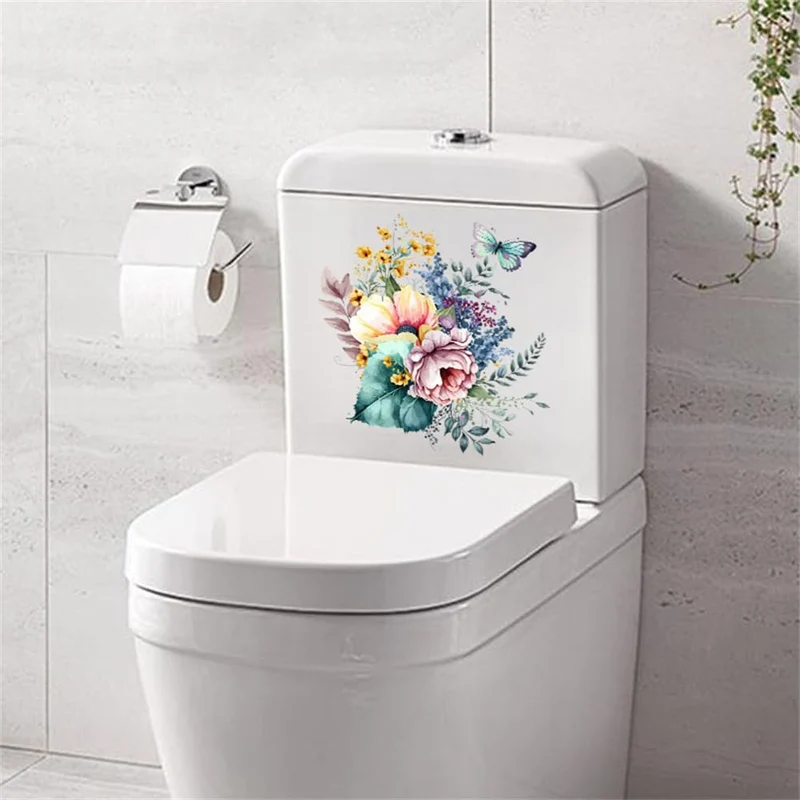 Adesivi per WC Garvee con motivo a foglie di piante, fiori e farfalle, impermeabili, autoadesivi, adesivi per il sedile del WC da parete del bagno