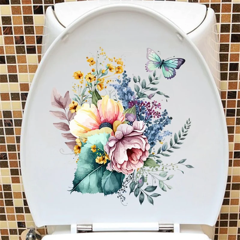 Adesivi per WC Garvee con motivo a foglie di piante, fiori e farfalle, impermeabili, autoadesivi, adesivi per il sedile del WC da parete del bagno
