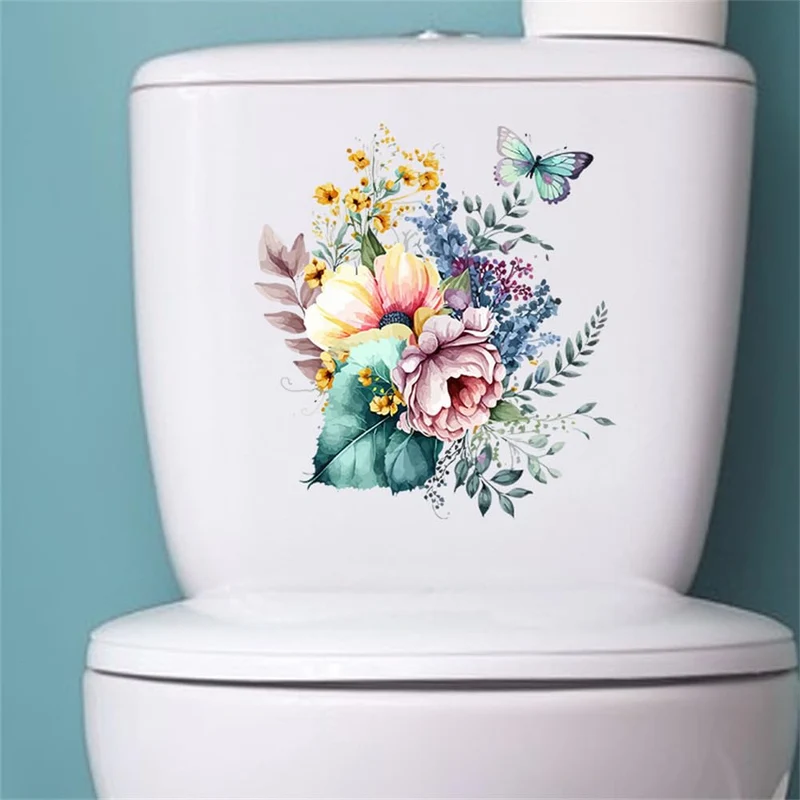 Adesivi per WC Garvee con motivo a foglie di piante, fiori e farfalle, impermeabili, autoadesivi, adesivi per il sedile del WC da parete del bagno