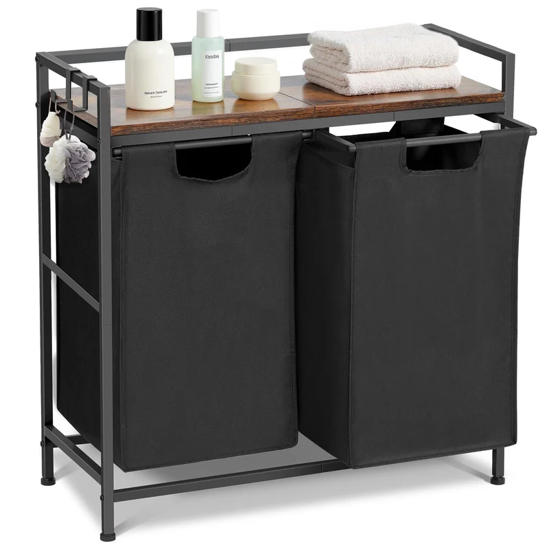 Garvee Cesto portabiancheria con 2 scomparti, sacchetti rimovibili, struttura in metallo, per bagno e camera da letto, 73x30x74 cm, nero