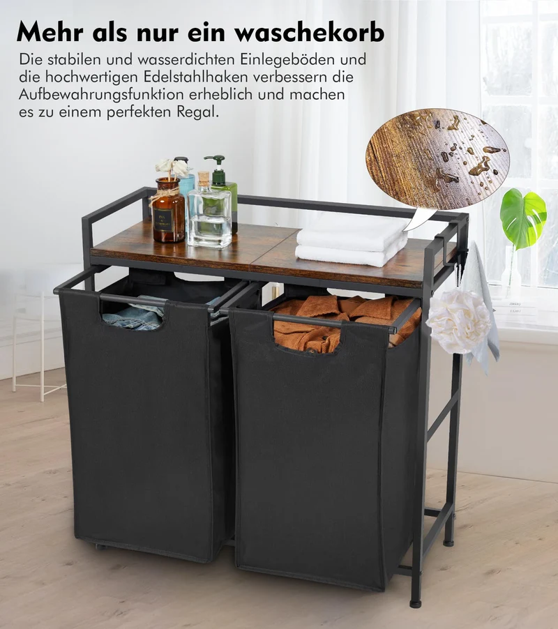 Garvee Cesto portabiancheria con 2 scomparti, sacchetti rimovibili, struttura in metallo, per bagno e camera da letto, 73x30x74 cm, nero