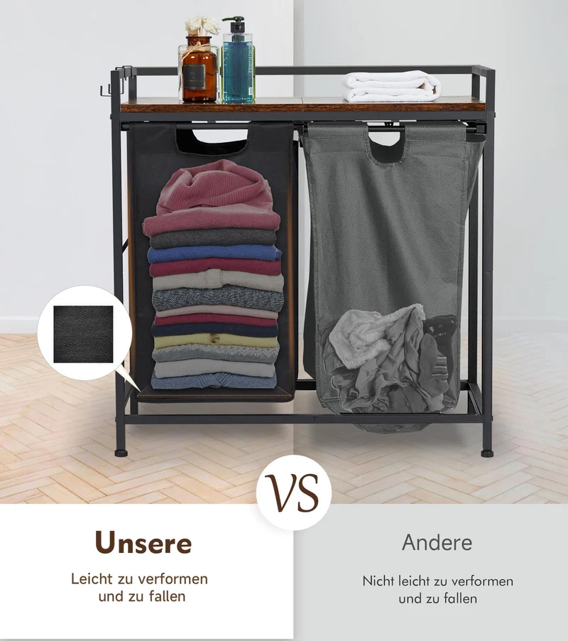 Garvee Cesto portabiancheria con 2 scomparti, sacchetti rimovibili, struttura in metallo, per bagno e camera da letto, 73x30x74 cm, nero