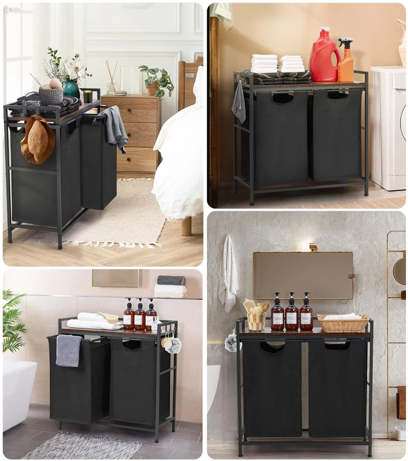 Garvee Cesto portabiancheria con 2 scomparti, sacchetti rimovibili, struttura in metallo, per bagno e camera da letto, 73x30x74 cm, nero