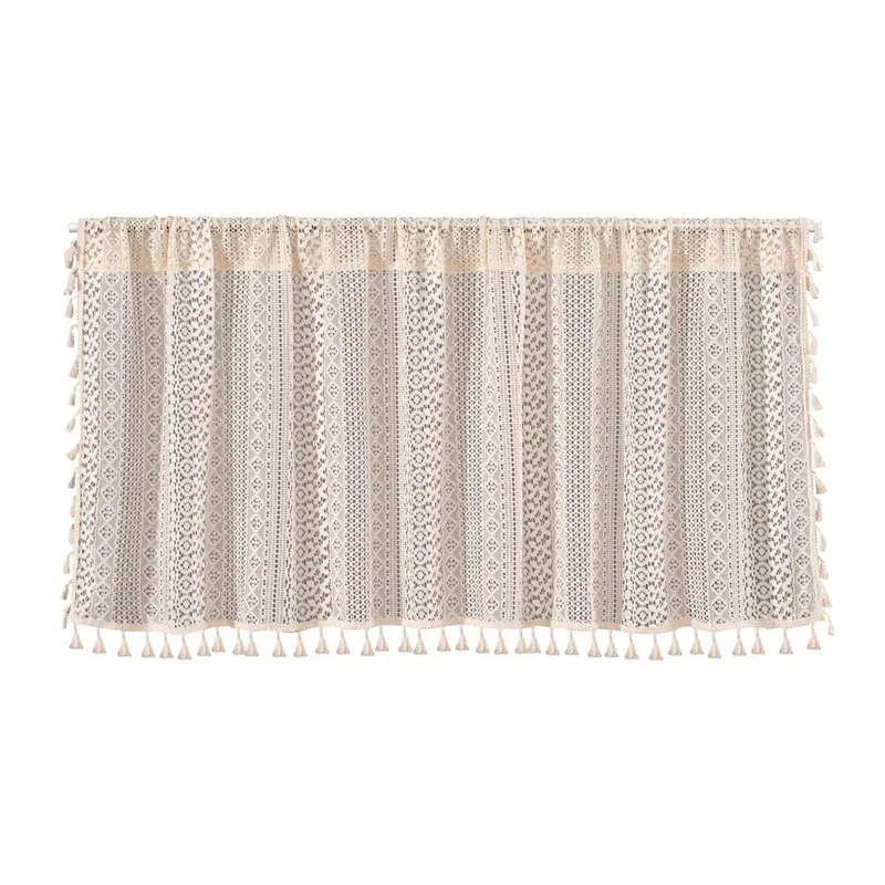 Garvee Halbtransparente Scheibengardine Küchengardinen Boho-Stil Mit Quasten Für Küche Badezimmer Waschküche 150x45 cm Beige