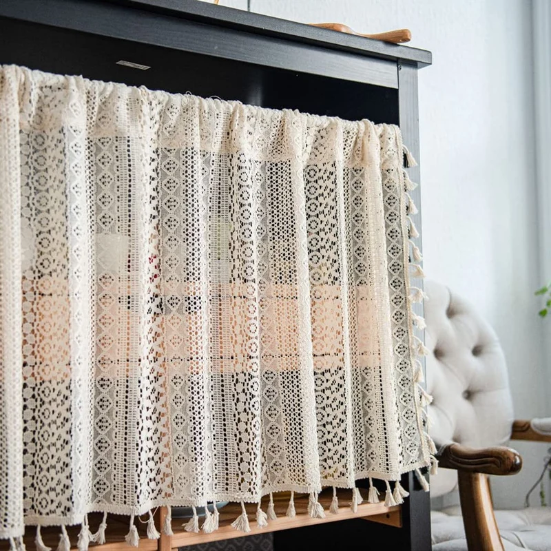 Garvee Halbtransparente Scheibengardine Küchengardinen Boho-Stil Mit Quasten Für Küche Badezimmer Waschküche 150x45 cm Beige