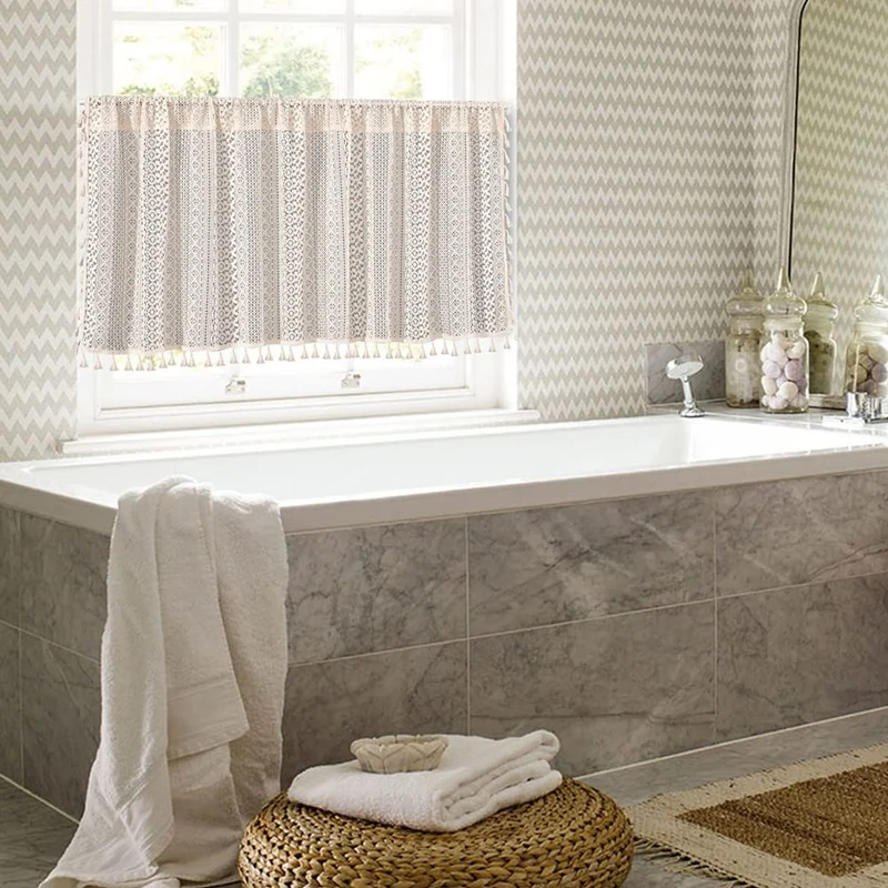 Garvee Halbtransparente Scheibengardine Küchengardinen Boho-Stil Mit Quasten Für Küche Badezimmer Waschküche 150x45 cm Beige