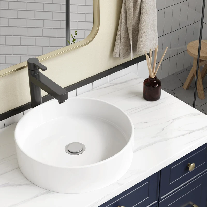 Lavabo rotondo Garvee 18x18" in ceramica bianca moderna smaltata antigraffio per bagno e bar