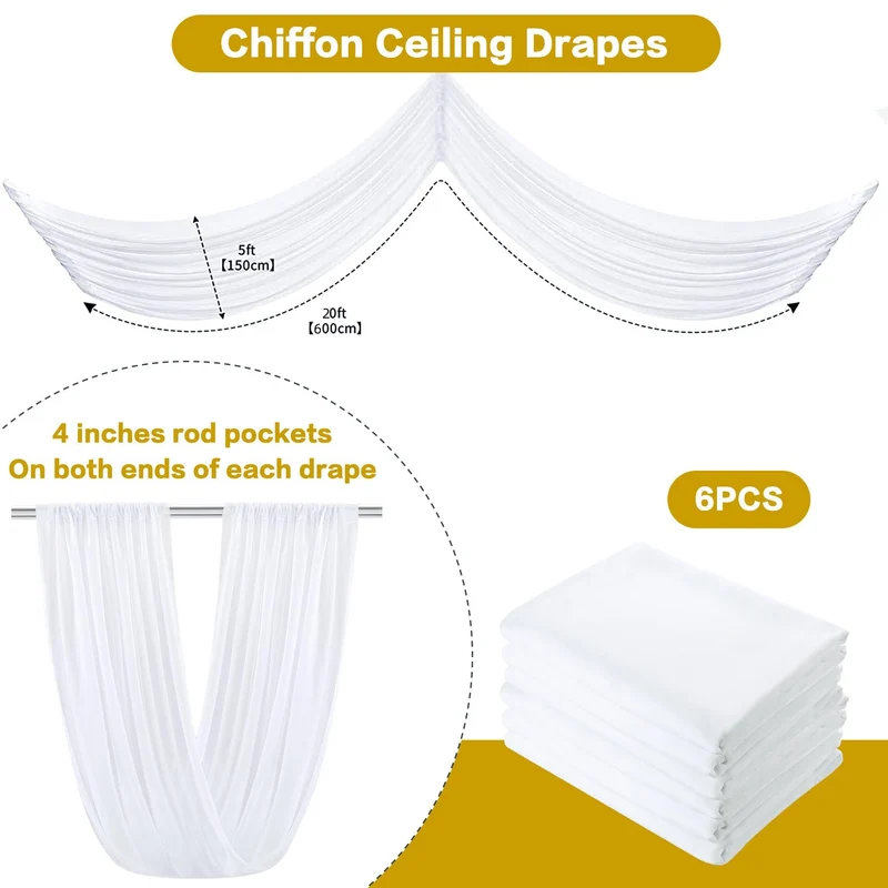 Tende da soffitto Garvee per matrimoni, 6 pannelli 1,5x6 m in chiffon bianco per cerimonie, ricevimenti, banchetti