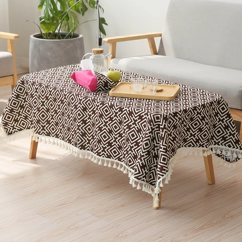 Gewebte Baumwoll-Tischdecke im Ethno-Jacquard mit Quastenbordüre Karnz