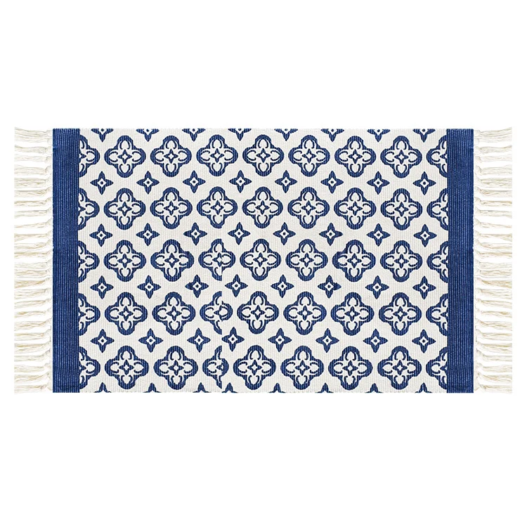 Flachgewebter Baumwollläufer mit mediterranem Kachel‑Jacquard und dekorativen Fransen Karnz