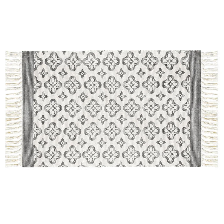 Flachgewebter Baumwollläufer mit mediterranem Kachel‑Jacquard und dekorativen Fransen Karnz