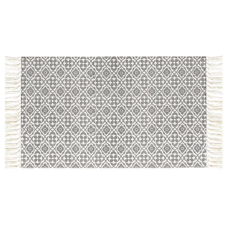 Flachgewebter Baumwollläufer mit mediterranem Kachel‑Jacquard und dekorativen Fransen Karnz