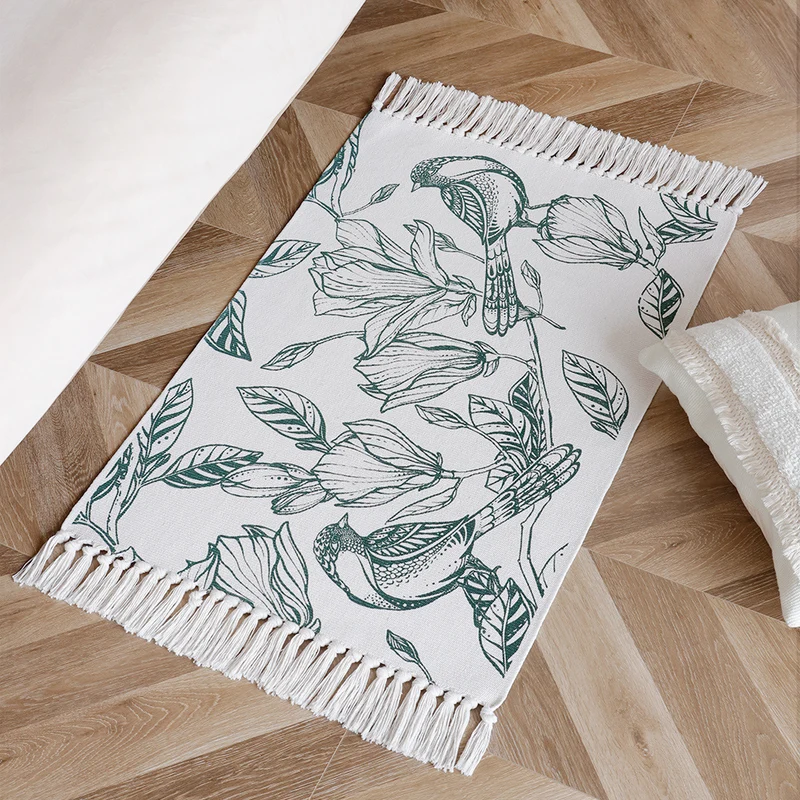 Dekorativer Tischläufer aus Baumwolle mit botanischem Vogel-Print und Fransen Karnz