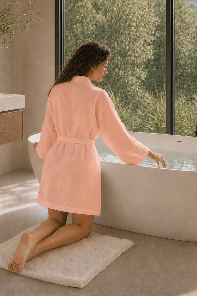 Kurzer Damen-Bademantel aus Leinen in Rosa - Alice