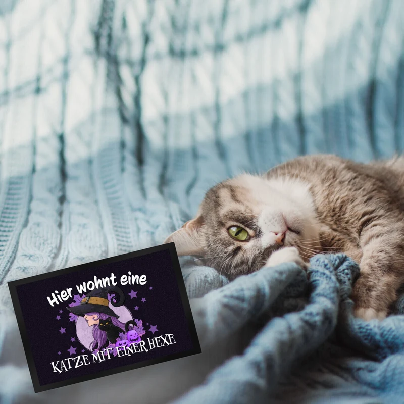Hexerei Fußmatte in 35x50 cm mit Spruch - Hier wohnt eine Katze und Hexe
