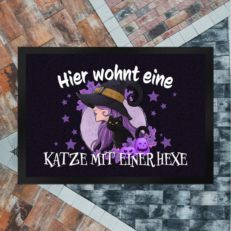 Hexerei Fußmatte in 35x50 cm mit Spruch - Hier wohnt eine Katze und Hexe