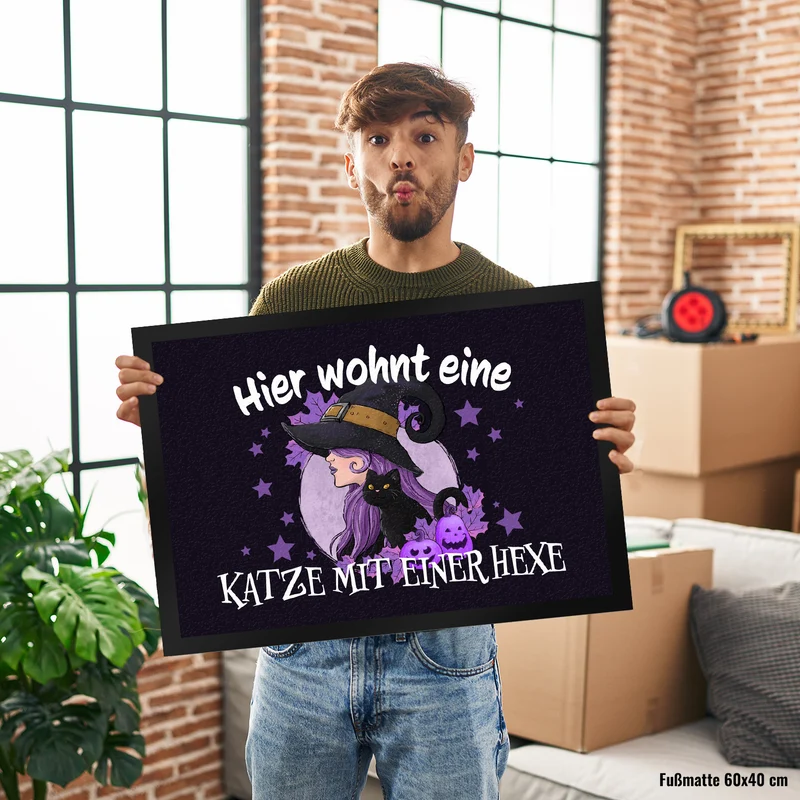 Hexerei Fußmatte in 35x50 cm mit Spruch - Hier wohnt eine Katze und Hexe