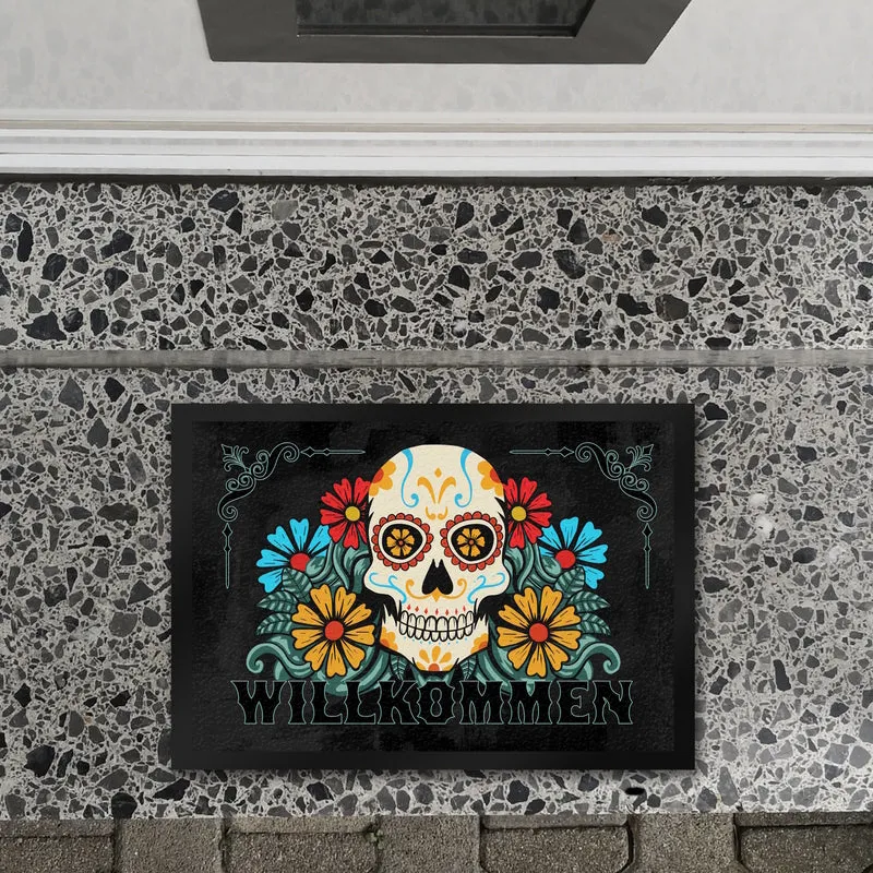 Willkommen Fußmatte mit Totenkopf und Blumenmotiv