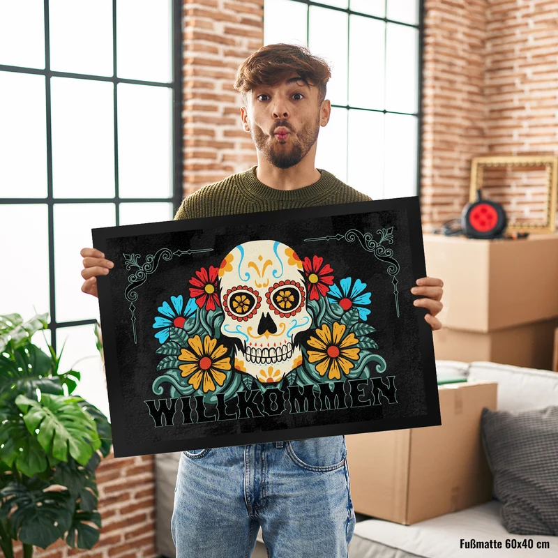 Willkommen Fußmatte mit Totenkopf und Blumenmotiv