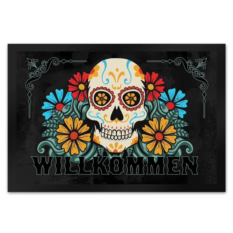 Willkommen Fußmatte mit Totenkopf und Blumenmotiv