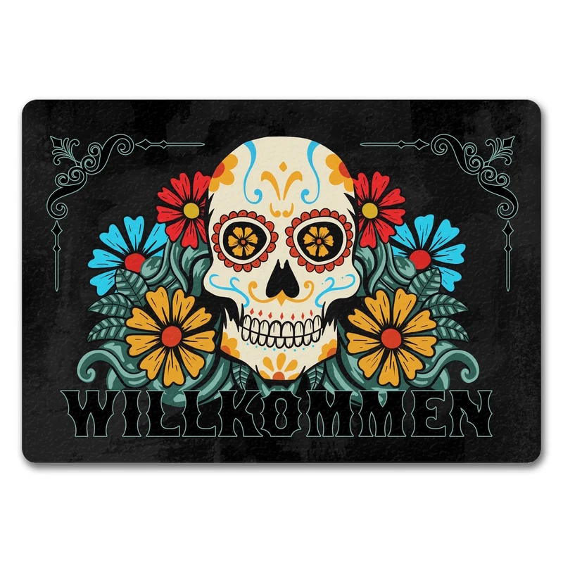 Willkommen Fußmatte mit Totenkopf und Blumenmotiv