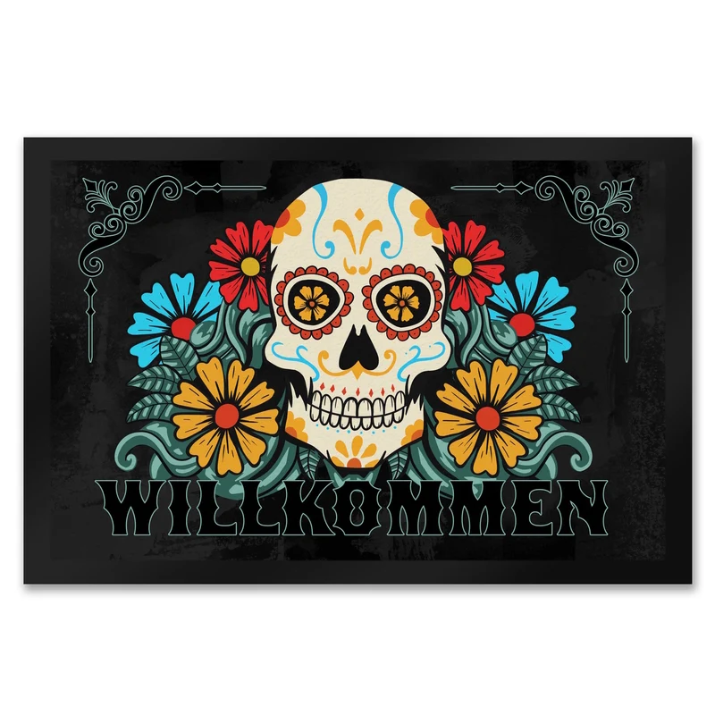 Willkommen Fußmatte mit Totenkopf und Blumenmotiv