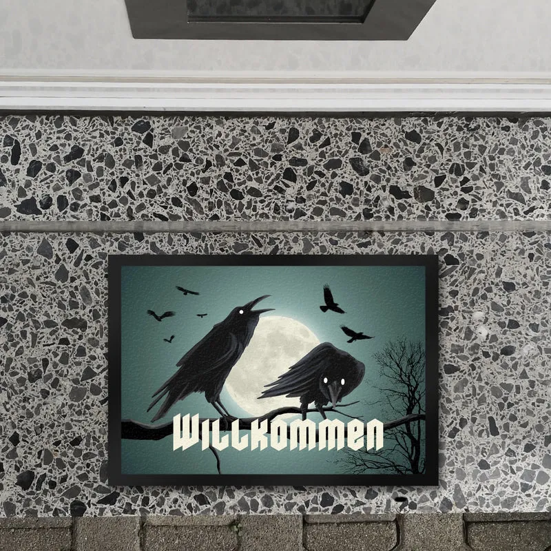 Fußmatte mit düsterem Raben Motiv und Schriftzug - Willkommen