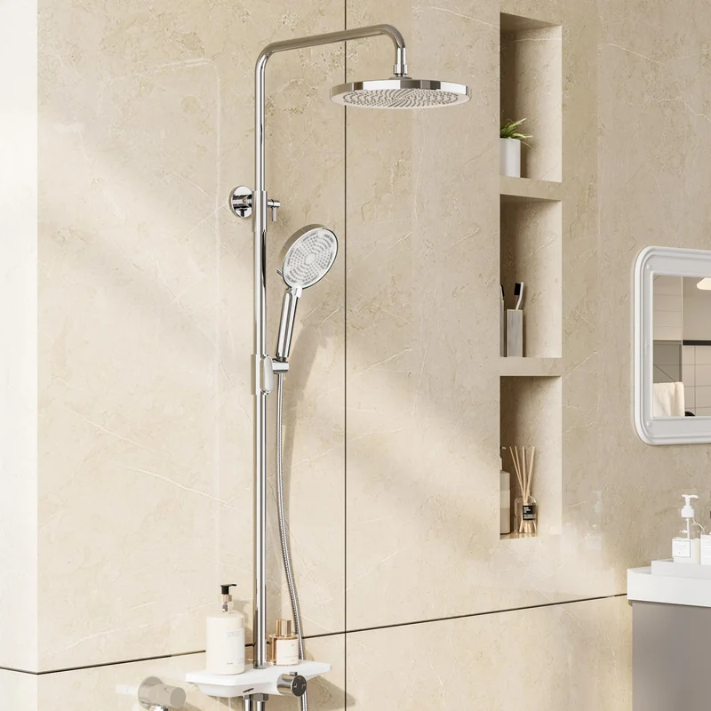 GARVEE Doccia a pioggia senza rubinetto con mensola, sistema doccia regolabile in acciaio inox per doccia, 25 cm rotondo cromato