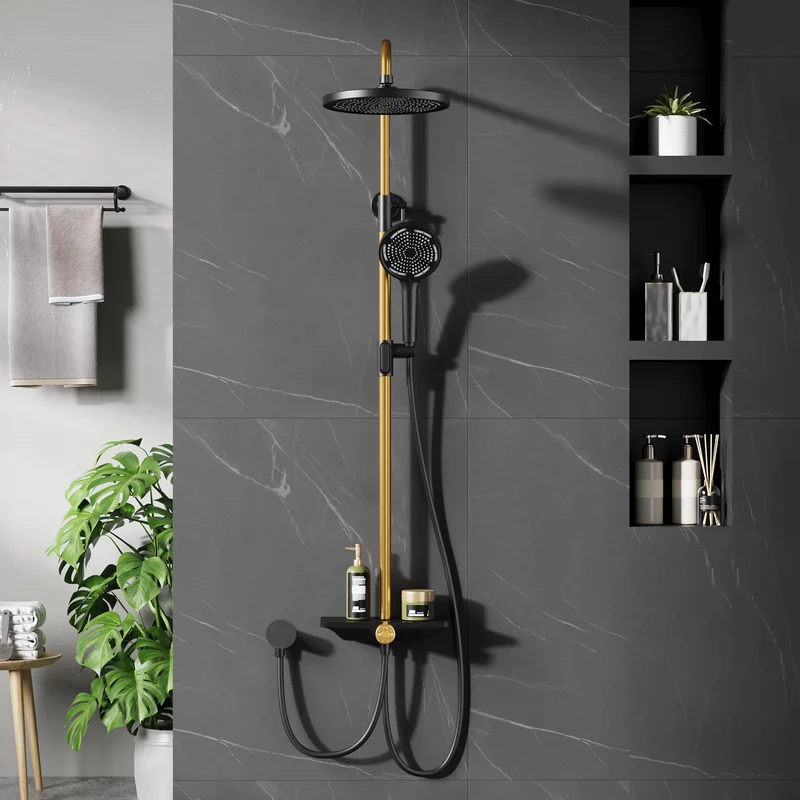 GARVEE Doccia a pioggia senza rubinetto con mensola, sistema doccia in acciaio inox, colonna doccia regolabile 74-114 cm, nero e oro, soffione da 25 cm
