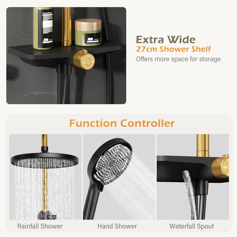 GARVEE Doccia a pioggia senza rubinetto con mensola, sistema doccia in acciaio inox, colonna doccia regolabile 74-114 cm, nero e oro, soffione da 25 cm