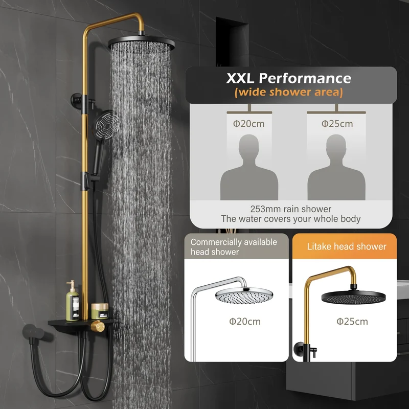 GARVEE Doccia a pioggia senza rubinetto con mensola, sistema doccia in acciaio inox, colonna doccia regolabile 74-114 cm, nero e oro, soffione da 25 cm