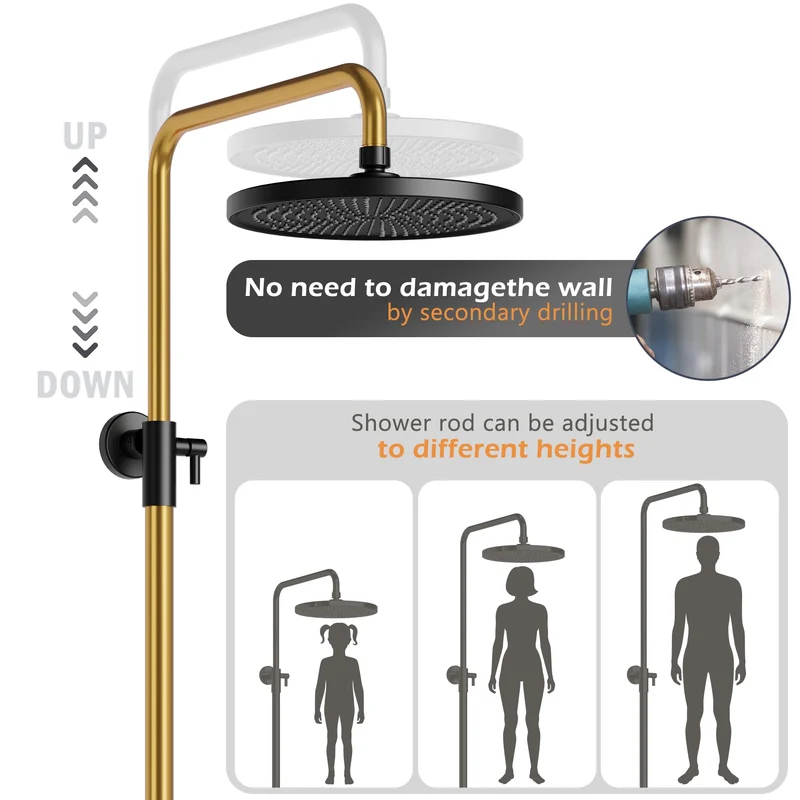 GARVEE Doccia a pioggia senza rubinetto con mensola, sistema doccia in acciaio inox, colonna doccia regolabile 74-114 cm, nero e oro, soffione da 25 cm
