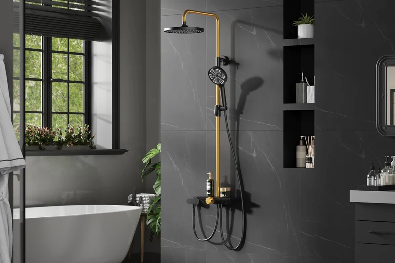 GARVEE Doccia a pioggia senza rubinetto con mensola, sistema doccia in acciaio inox, colonna doccia regolabile 74-114 cm, nero e oro, soffione da 25 cm