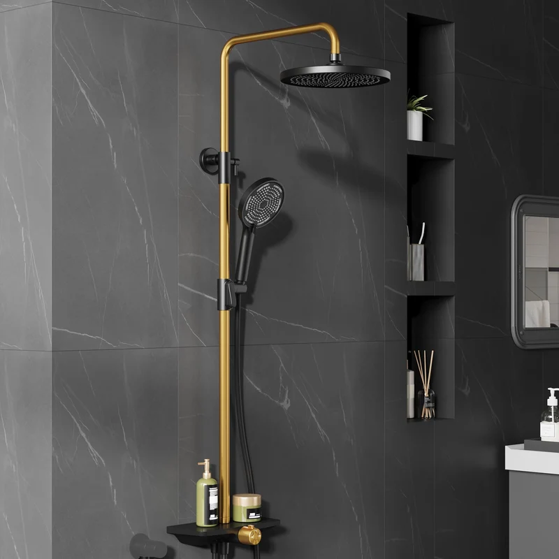 GARVEE Doccia a pioggia senza rubinetto con mensola, sistema doccia in acciaio inox, colonna doccia regolabile 74-114 cm, nero e oro, soffione da 25 cm