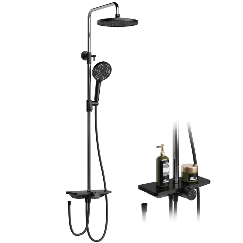 GARVEE Doccia a pioggia senza rubinetto con mensola, sistema doccia regolabile in acciaio inox, 25 cm nero + cromo