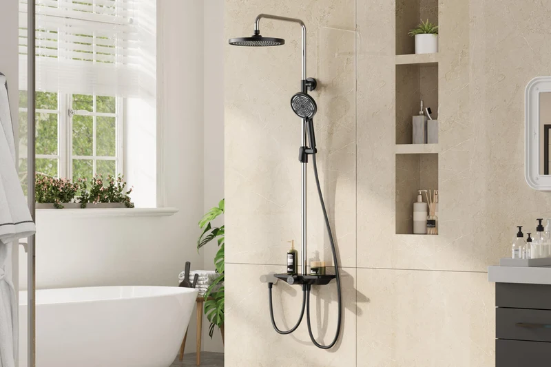 GARVEE Doccia a pioggia senza rubinetto con mensola, sistema doccia regolabile in acciaio inox, 25 cm nero + cromo