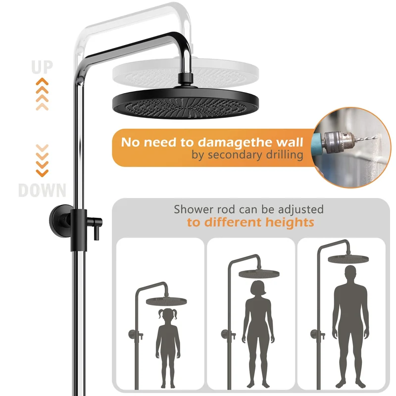 GARVEE Doccia a pioggia senza rubinetto con mensola, sistema doccia regolabile in acciaio inox, 25 cm nero + cromo
