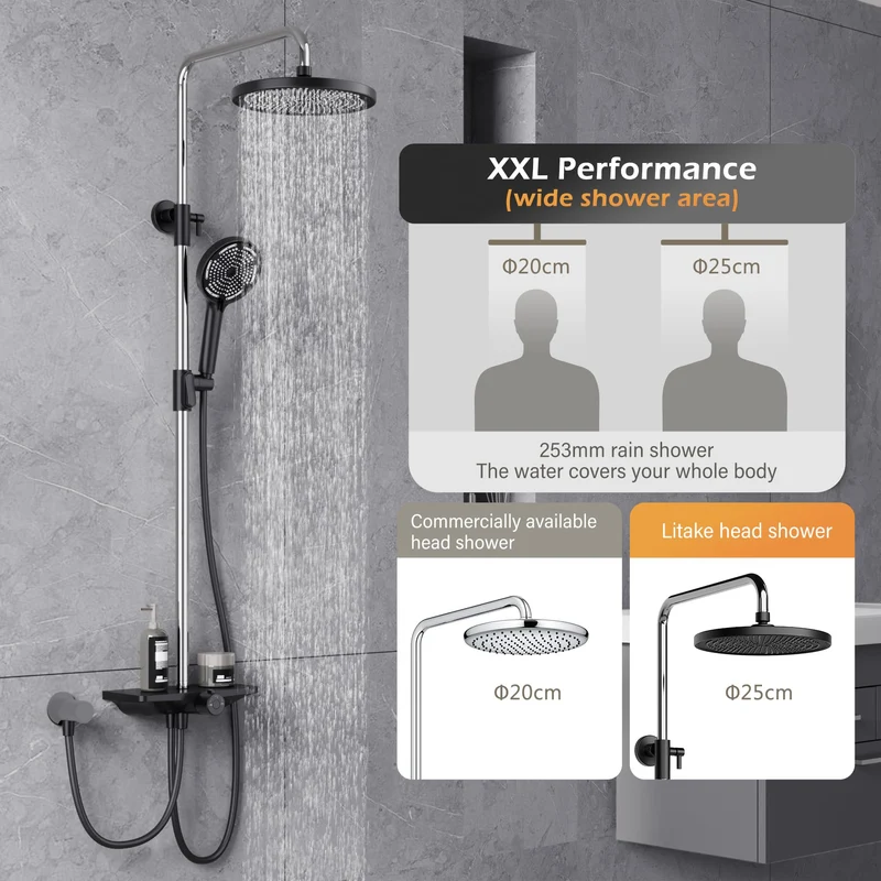 GARVEE Doccia a pioggia senza rubinetto con mensola, sistema doccia regolabile in acciaio inox, 25 cm nero + cromo