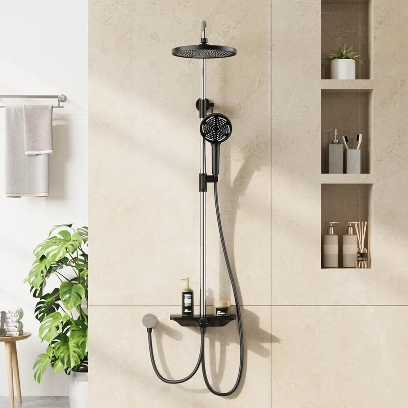 GARVEE Doccia a pioggia senza rubinetto con mensola, sistema doccia regolabile in acciaio inox, 25 cm nero + cromo